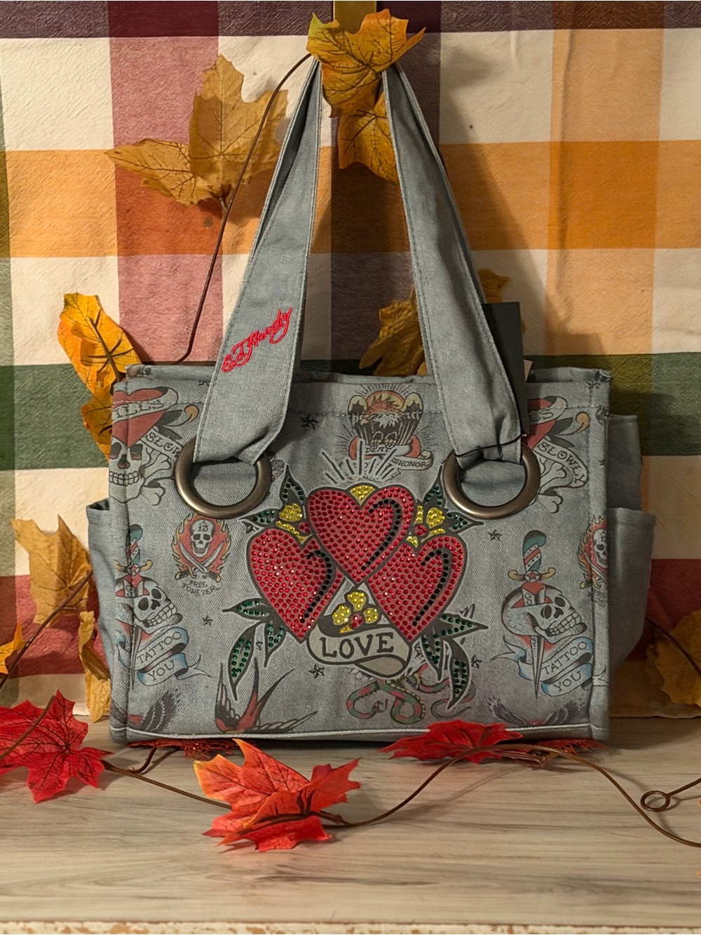 Embroidered Grey Tote Bag with Red Heart Motif
